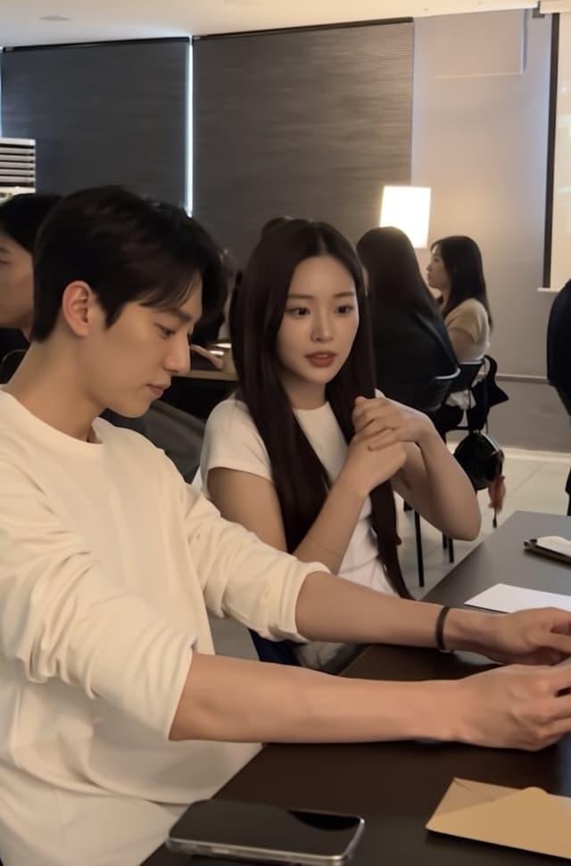 설레임커피 현장, 나란히 앉아 카드를 적는 두 사람