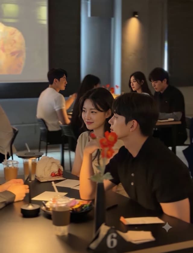 설레임커피 현장, 꽃이 놓인 테이블의 두 사람