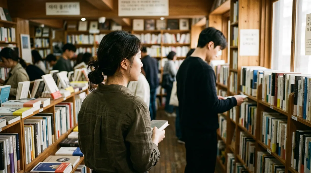 서점에서 옆 사람에게 시선이 멈춘 뒷모습
