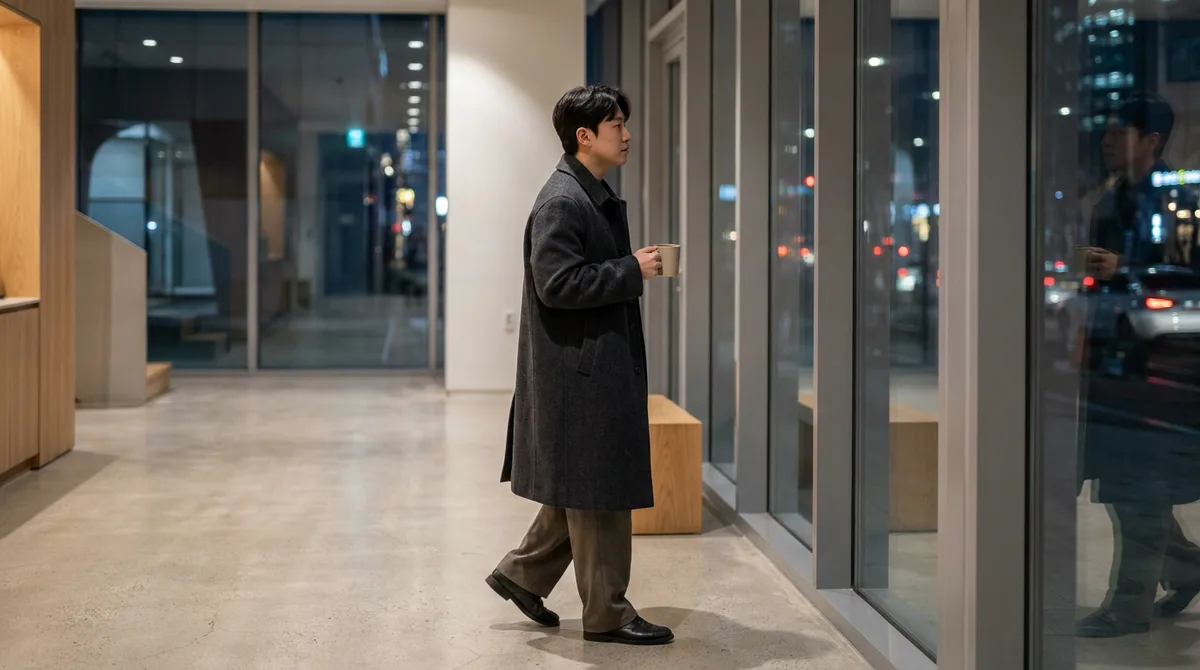 행사 중간 복도에서 혼자 쉬는 모습