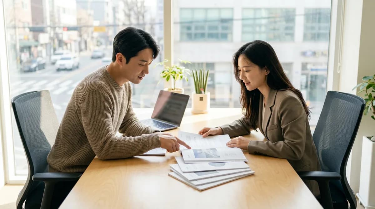 사무실에서 계약 서류를 함께 검토하는 모습