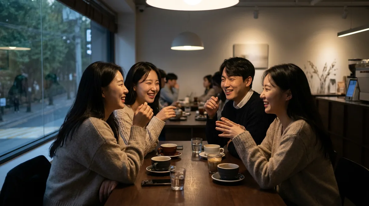 저녁 카페에서 모임 참가자들이 대화하는 모습