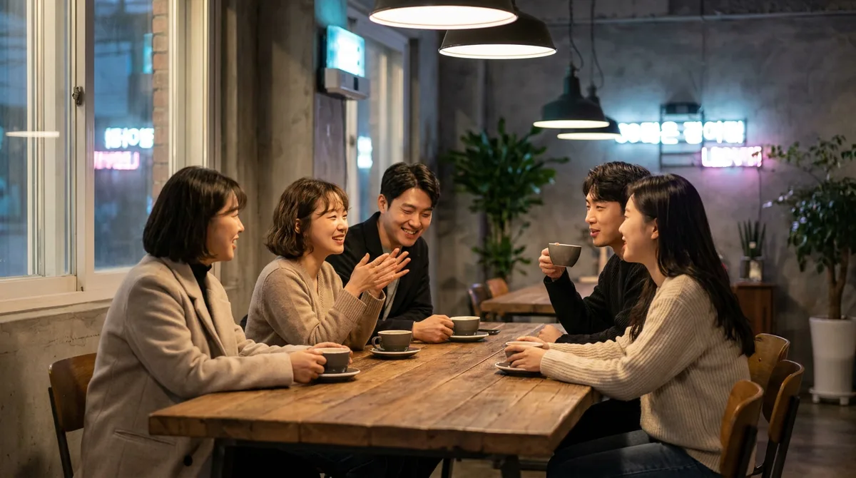 저녁 카페에서 모임 참가자들이 대화하는 모습