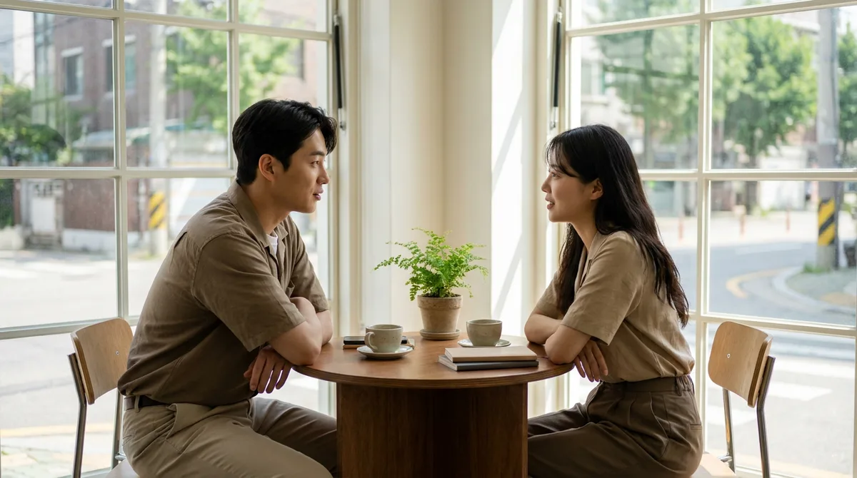 낮 시간 카페에서 대화를 나누는 소개팅 자리