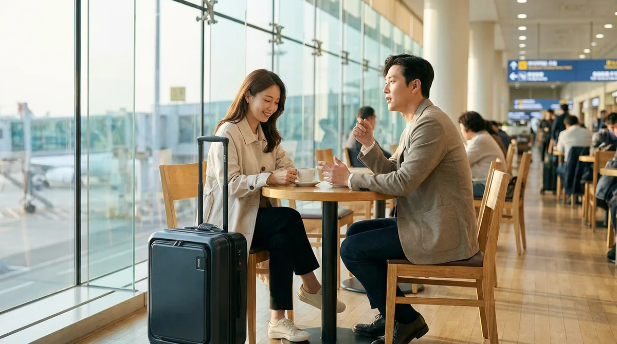 공항 카페에서 마주 앉은 두 사람과 캐리어