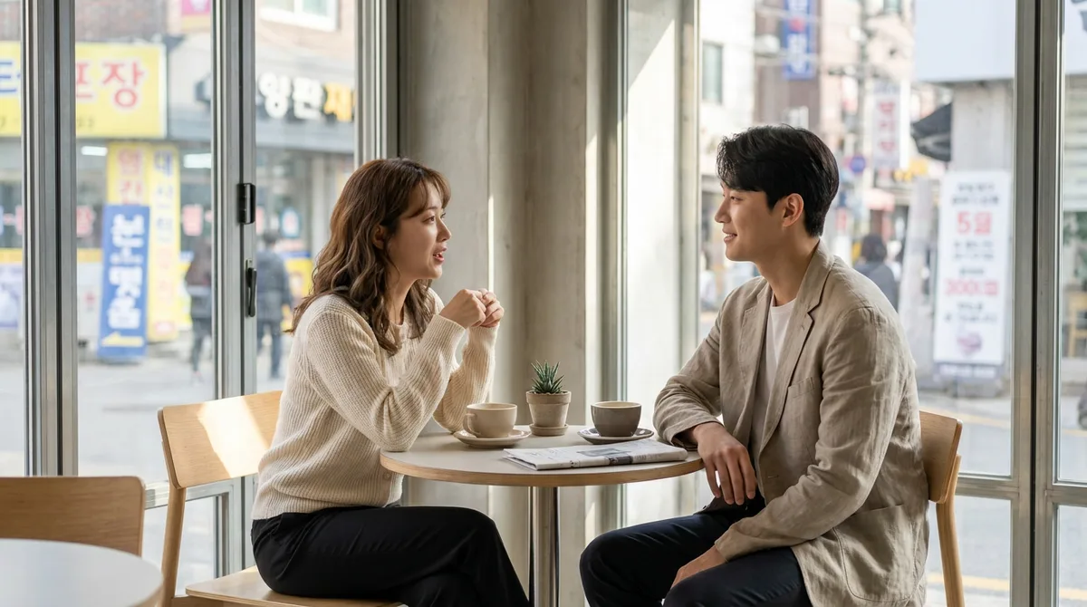 작은 테이블에서 편하게 대화하는 두 사람