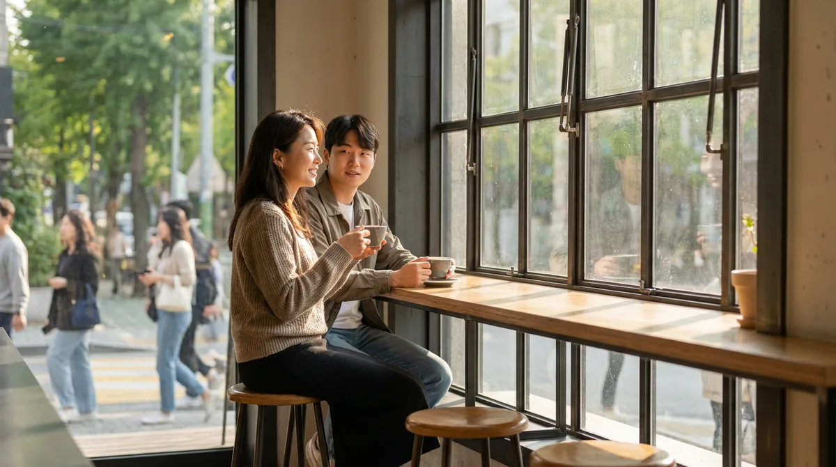 카페에서 연하남과 편하게 대화하는 여성