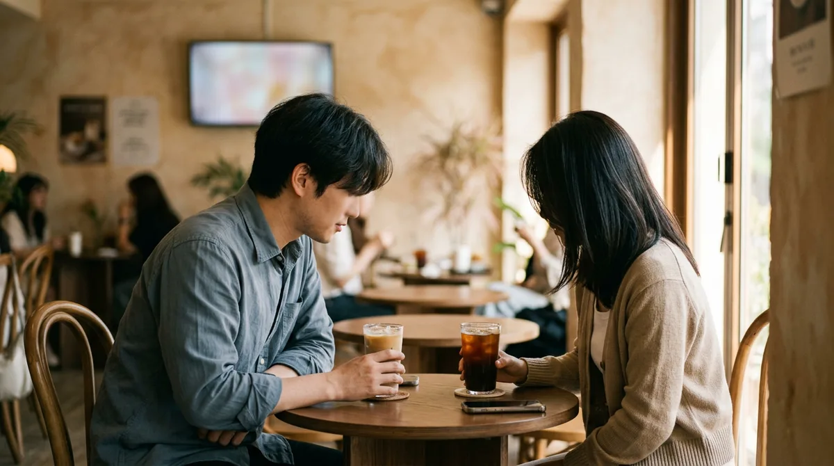 카페에서 마주 앉아 대화 중인 두 사람