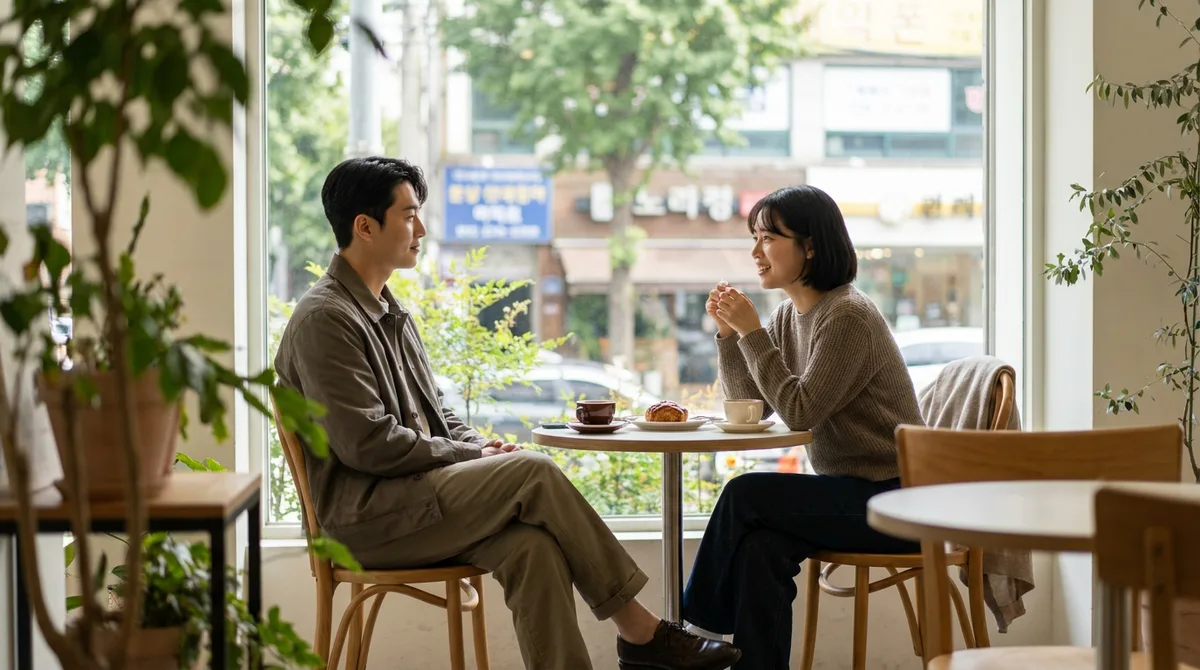 대화 상대 쪽으로 몸을 살짝 돌린 모습