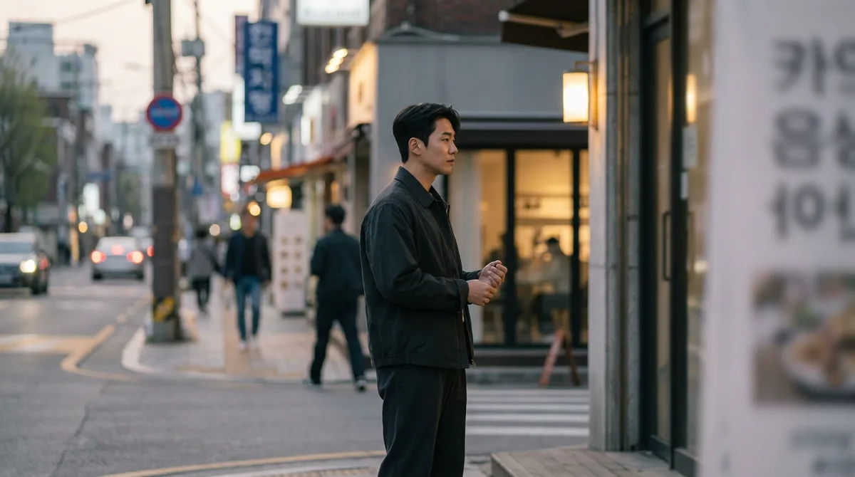 저녁 길거리에서 편한 자세로 서 있는 남자