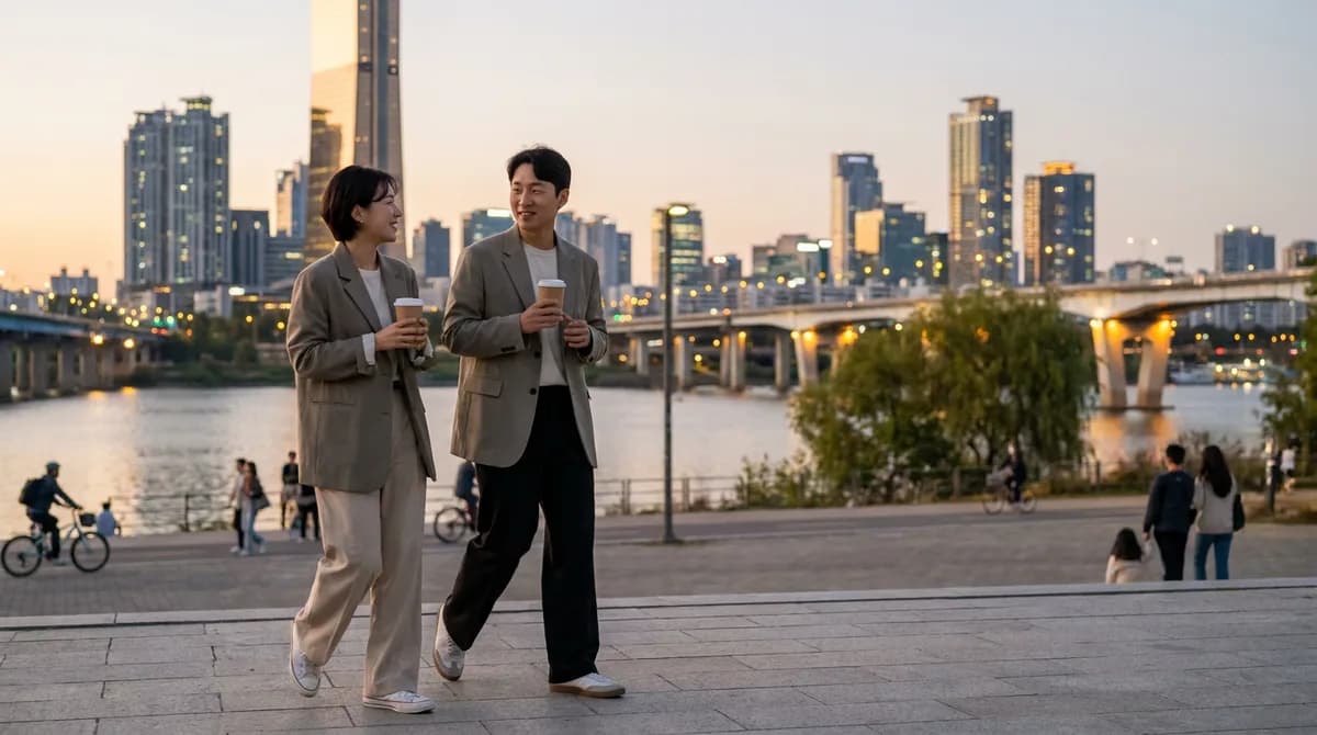 해질 무렵 강변을 함께 걷는 두 사람