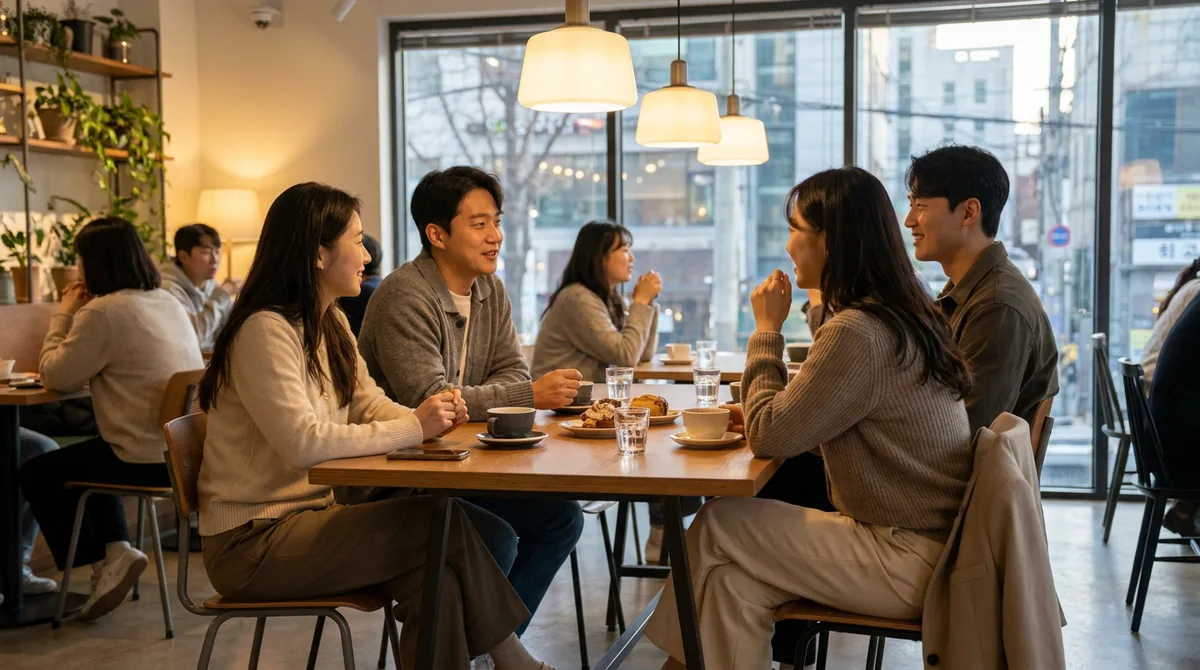 저녁 무렵 카페에서 소개 모임을 갖는 사람들