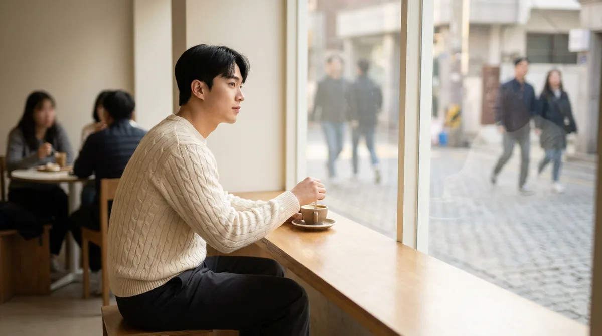 오후 카페 창가에 혼자 앉아 밖을 보는 남성