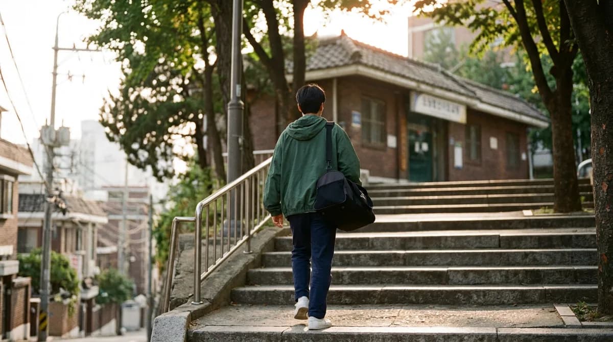 늦은 오후 가방 메고 계단 오르는 뒷모습