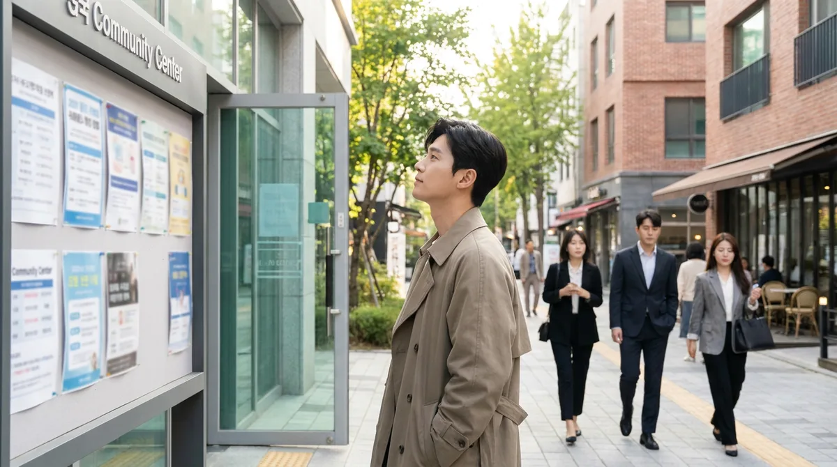 커뮤니티 센터 게시판을 살펴보는 모습