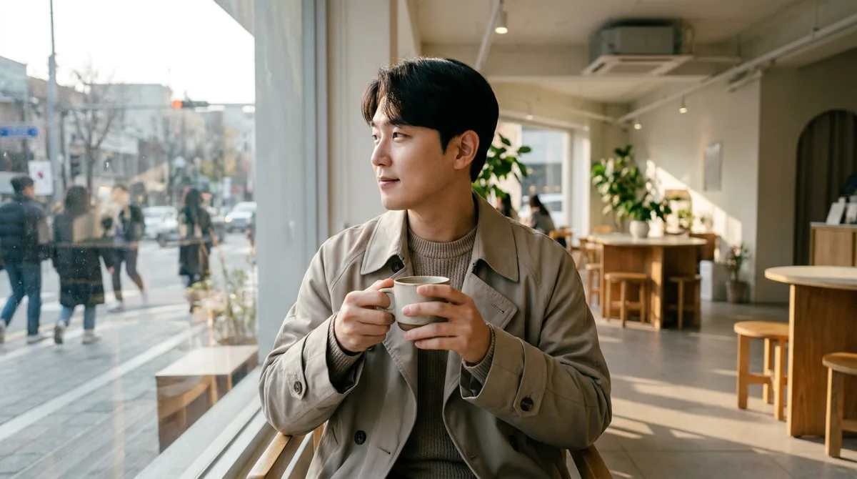카페에서 창밖을 바라보며 생각에 잠긴 모습