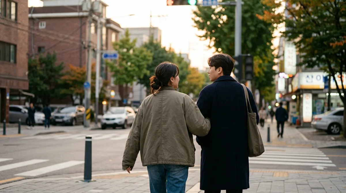 해질녘 길에서 멈춰 서는 두 사람