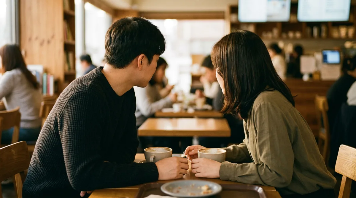 카페 테이블에서 가까이 앉은 두 사람의 손