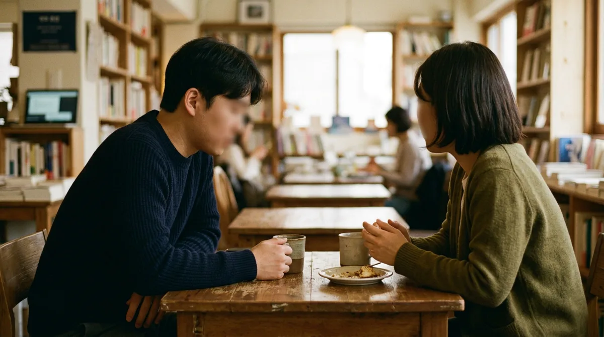 저녁 서점 카페에서 마주 앉아 대화하는 두 사람