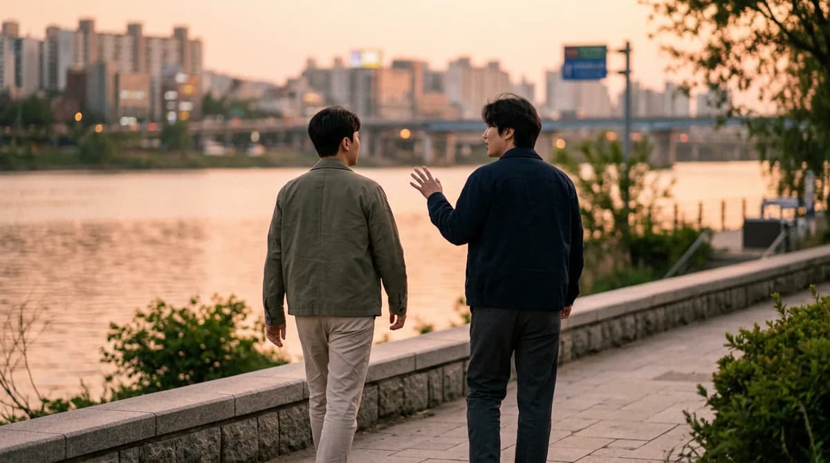 해질녘 강변길을 나란히 걷는 커플 뒷모습