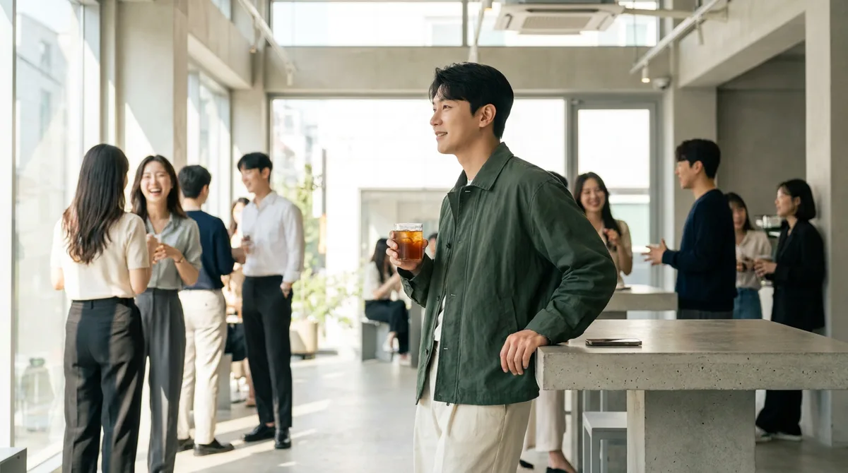 음료 테이블 근처에서 주변을 살피는 모습