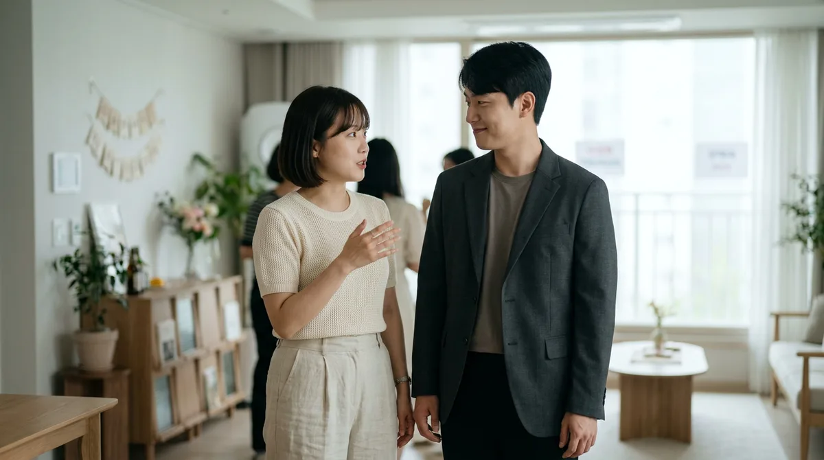 두 사람이 가볍게 대화를 나누는 모습