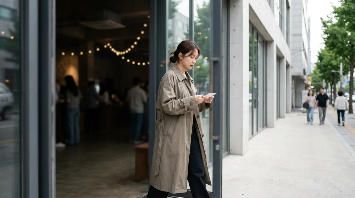 혼자 파티장에 들어서는 저녁 장면