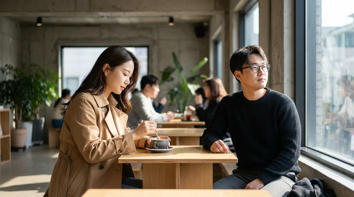 대화가 잠시 멈춘 카페 테이블 풍경