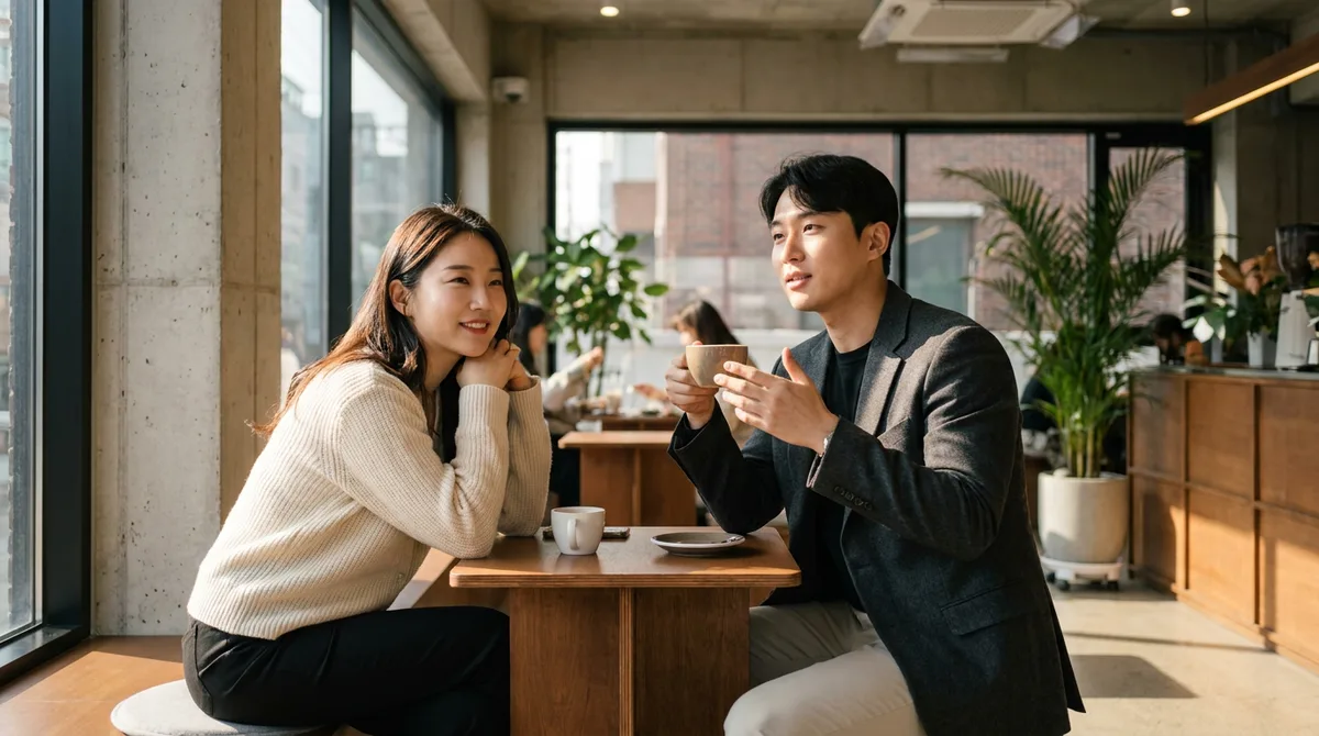 소개팅 카페에서 상대 말을 편안히 듣는 모습