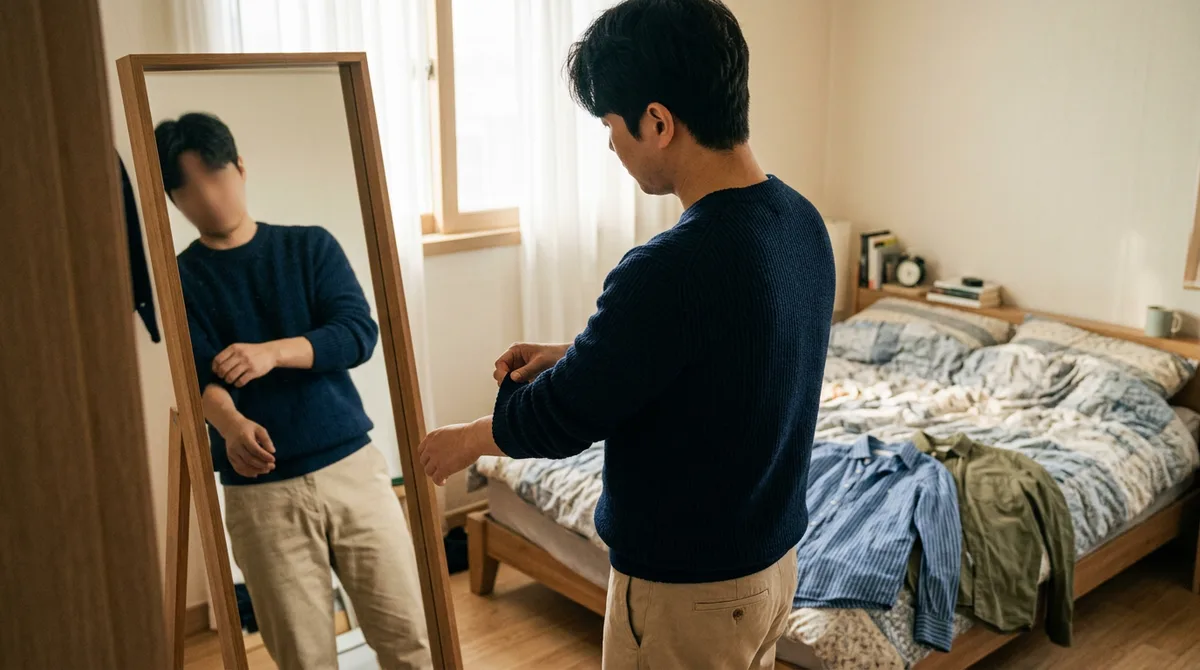 거울 앞에서 소매를 걷어 올리며 옷차림을 맞춰 보는 남자
