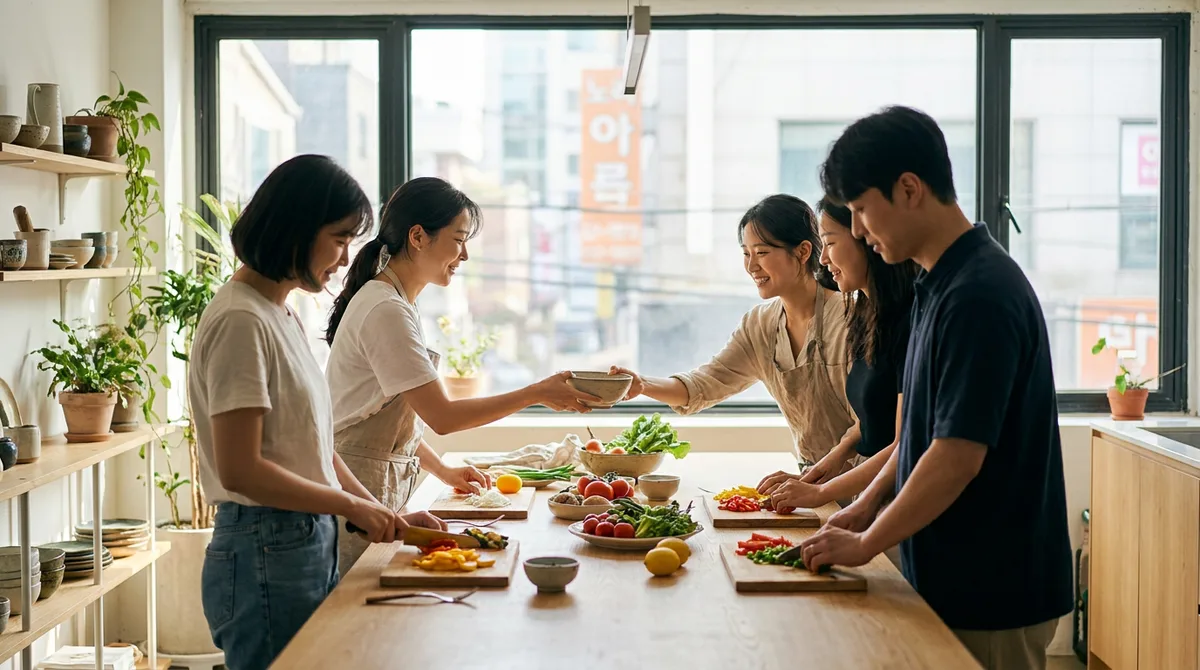 주말 쿠킹 클래스에서 나란히 요리하는 사람들