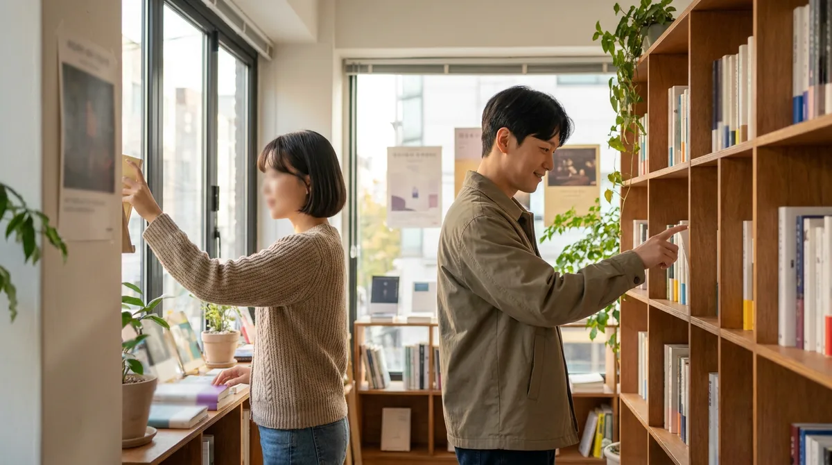 오후 서점 책장 앞에서 짧게 말을 거는 모습