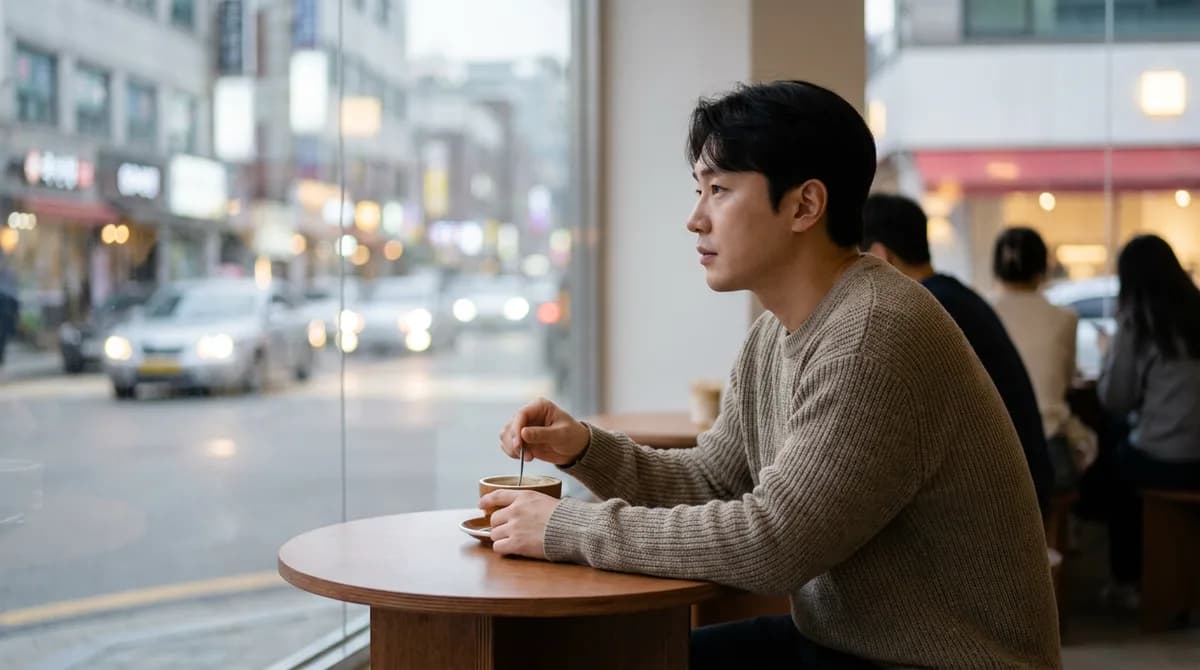 저녁 카페 창가에 혼자 앉은 30대