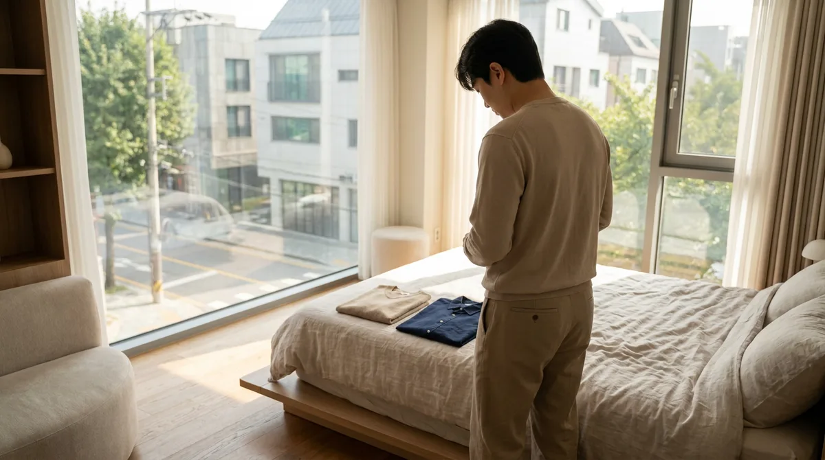 아침에 침대 위 옷을 고르는 모습