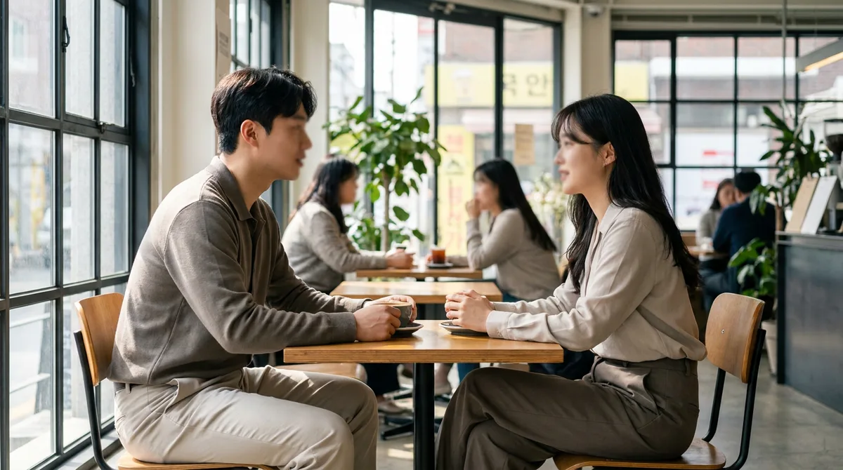 오후 카페에서 마주 앉아 대화하는 두 사람