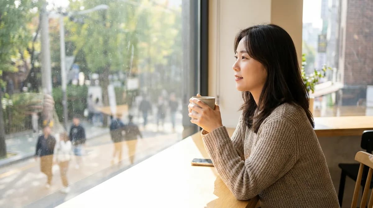 카페 창가에서 바깥을 바라보는 여성
