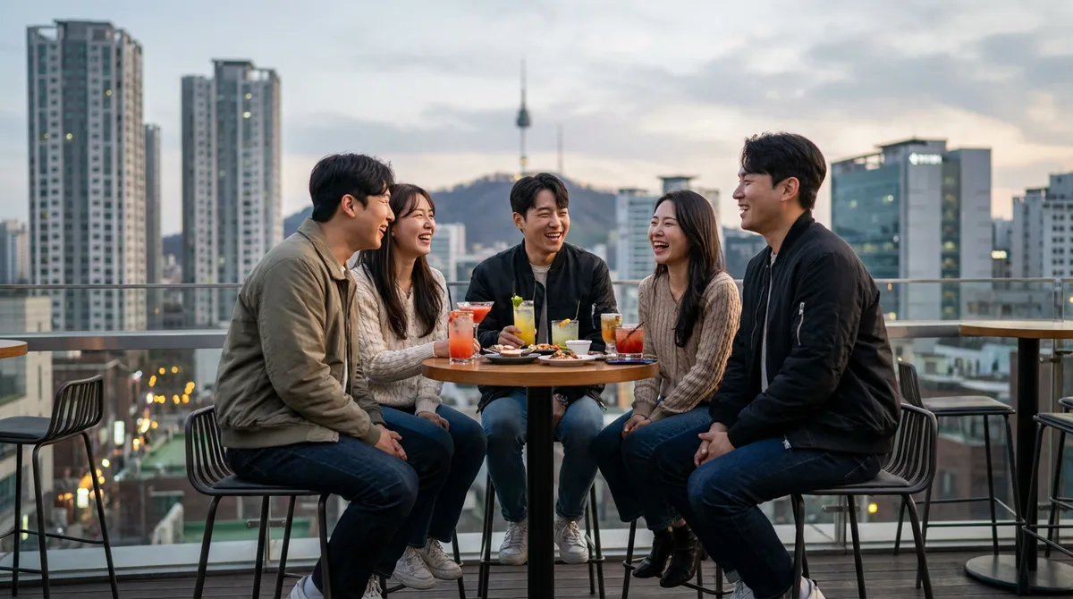 저녁 루프탑 바에서 어울려 웃는 친구 무리