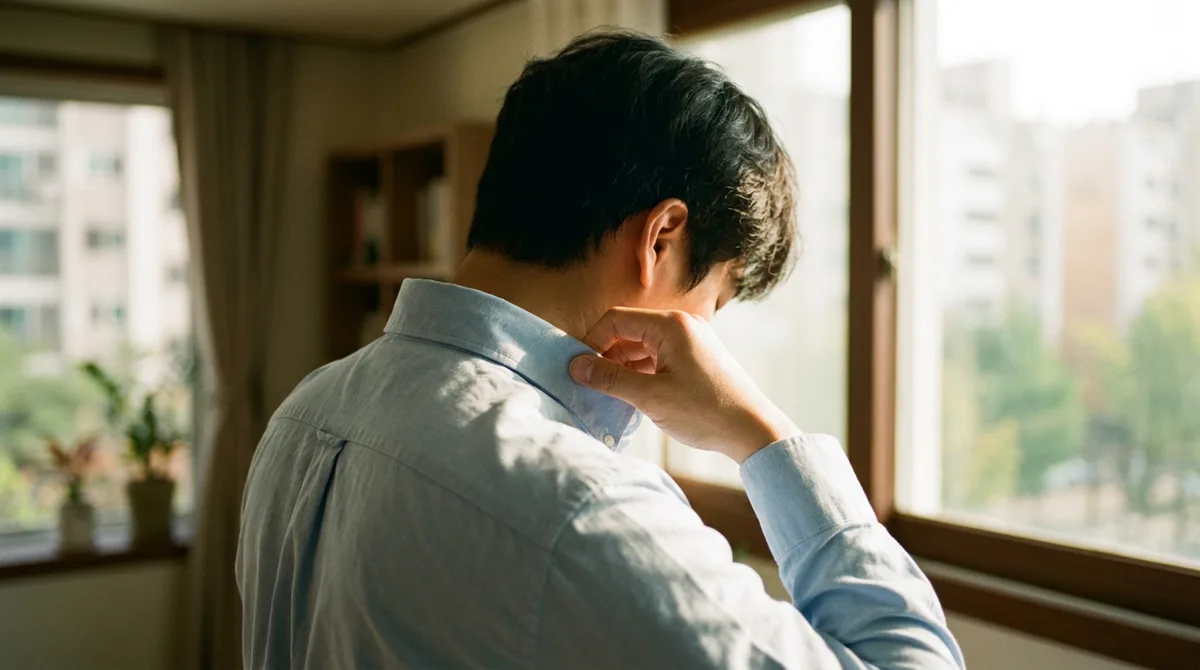 옷깃을 바로잡는 손과 어깨