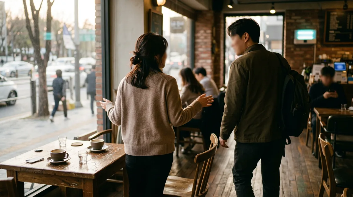 카페에서 처음 만나 인사 나누는 두 사람