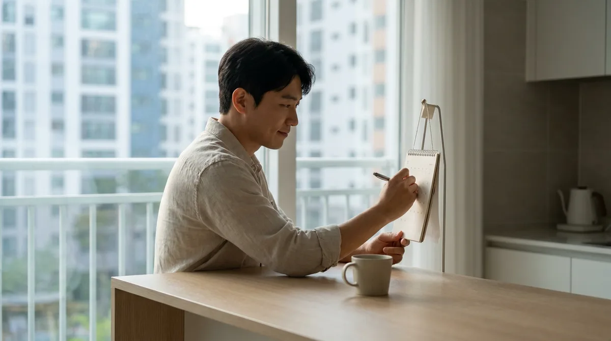 벽걸이 달력에 관리 주기를 적는 손
