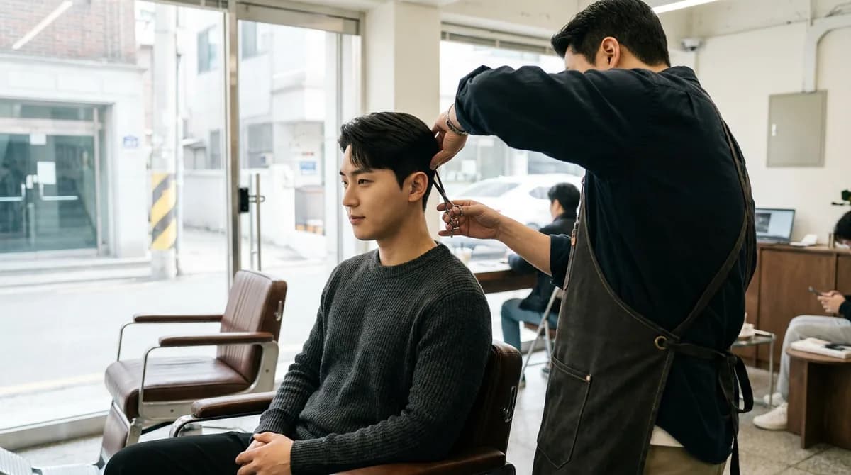 미용실 의자에 앉아 머리를 다듬는 남성