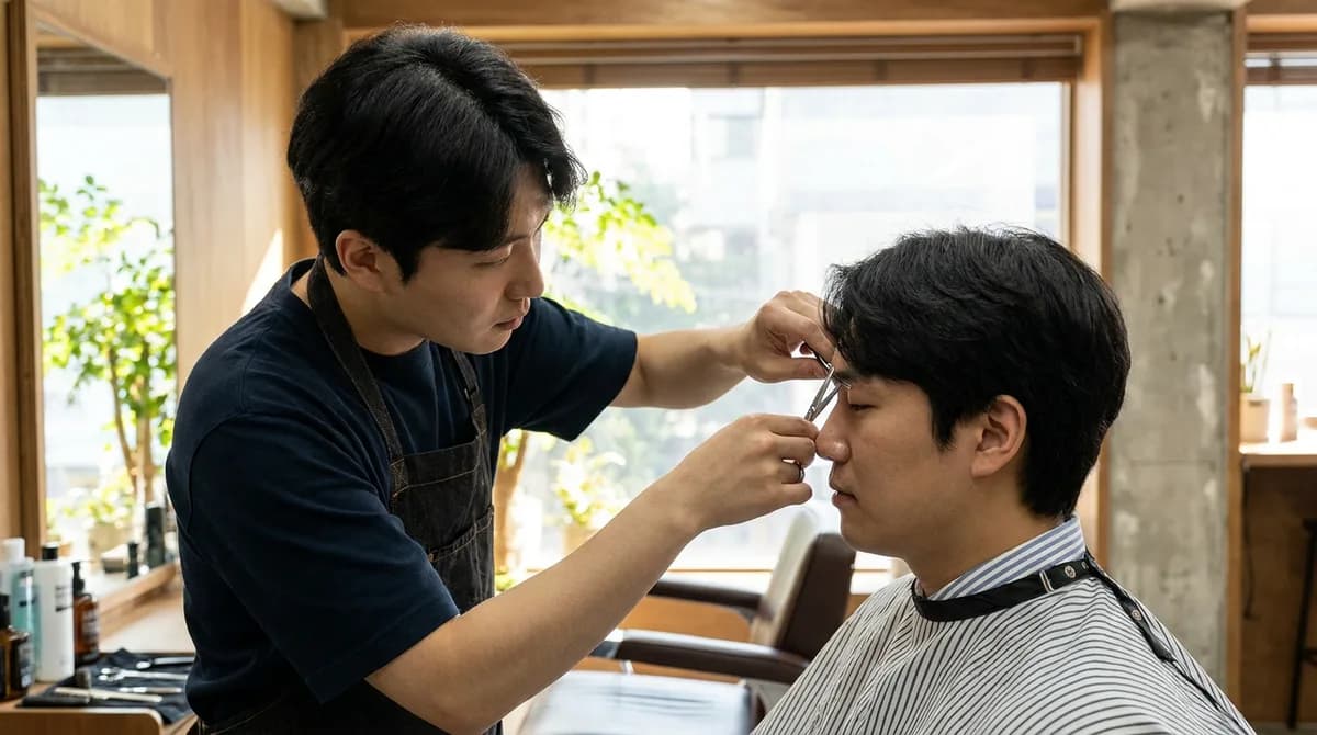 미용실에서 눈썹을 다듬는 모습