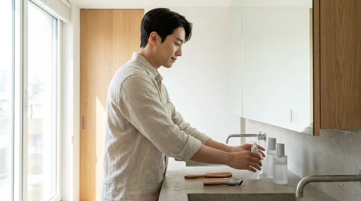아침 세면대에 놓인 외모관리 용품들