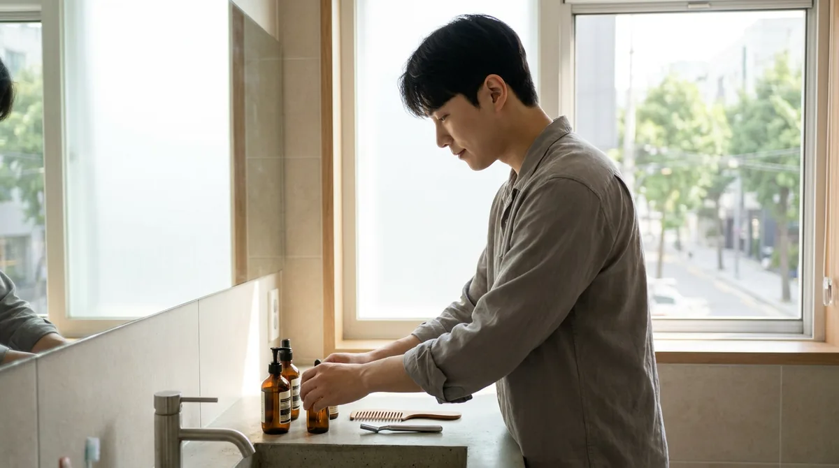 아침 세면대에 놓인 외모관리 용품들