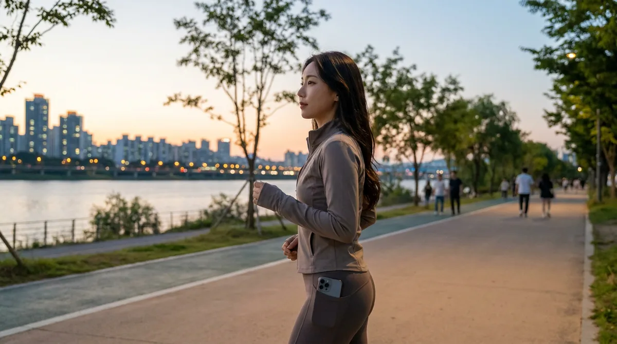 저녁 강변길을 혼자 걷는 운동복 차림 여성