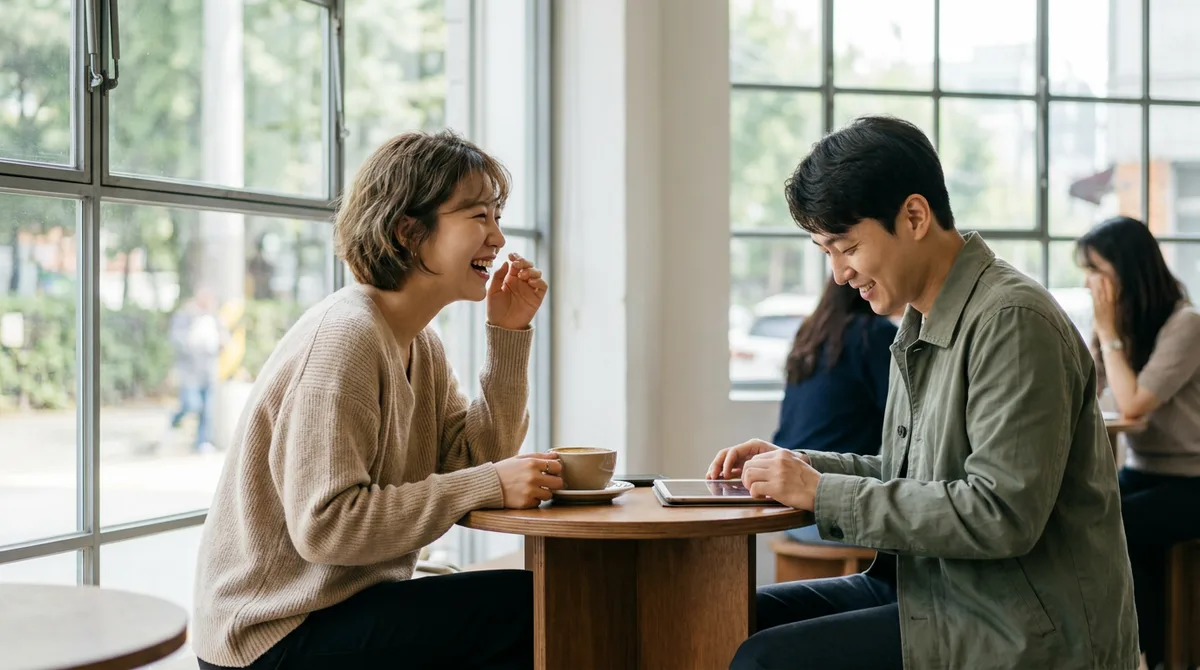 오후 카페에서 마주 앉아 웃으며 대화하는 두 사람