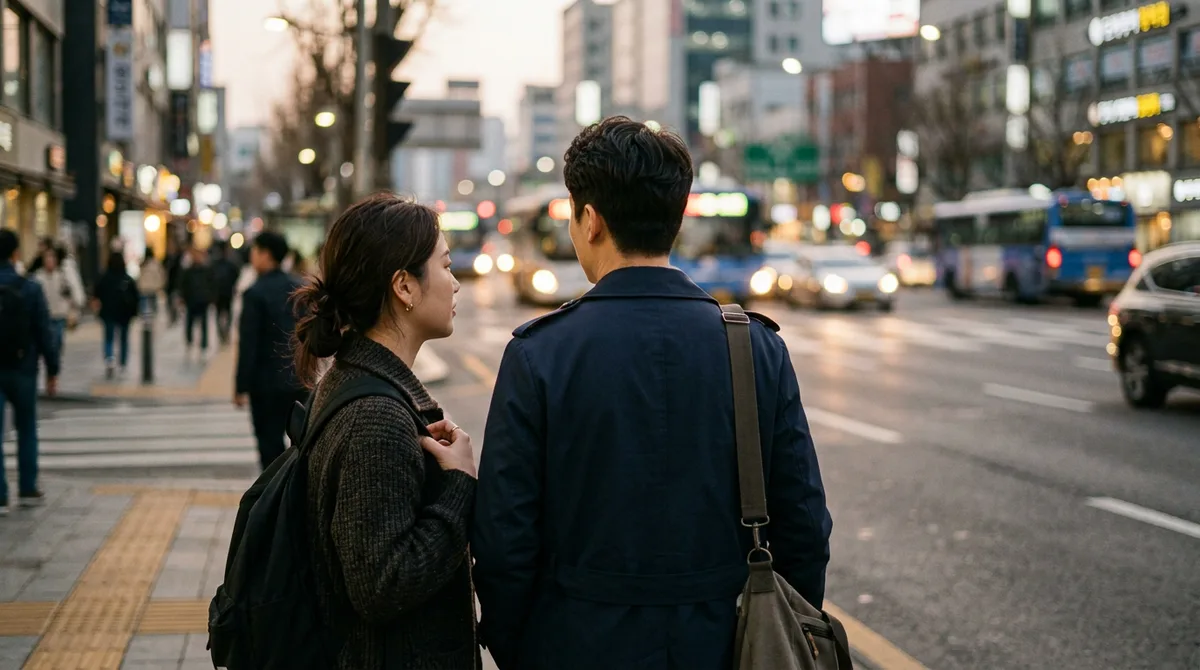 저녁 횡단보도 앞에서 곁눈질하는 두 사람