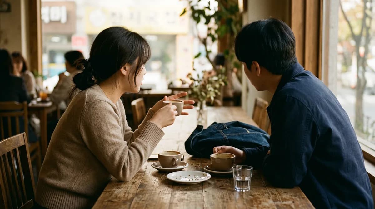 카페에서 마주 앉아 대화하는 두 사람