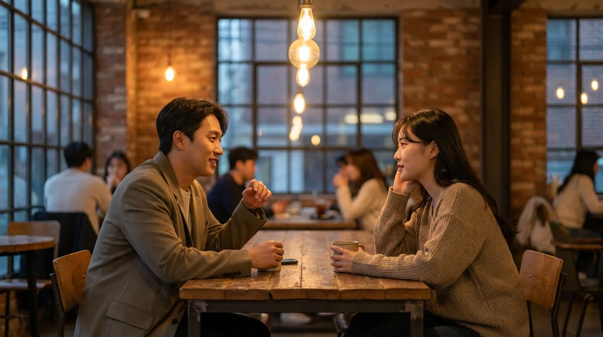 저녁 카페에서 대화 나누는 두 친구