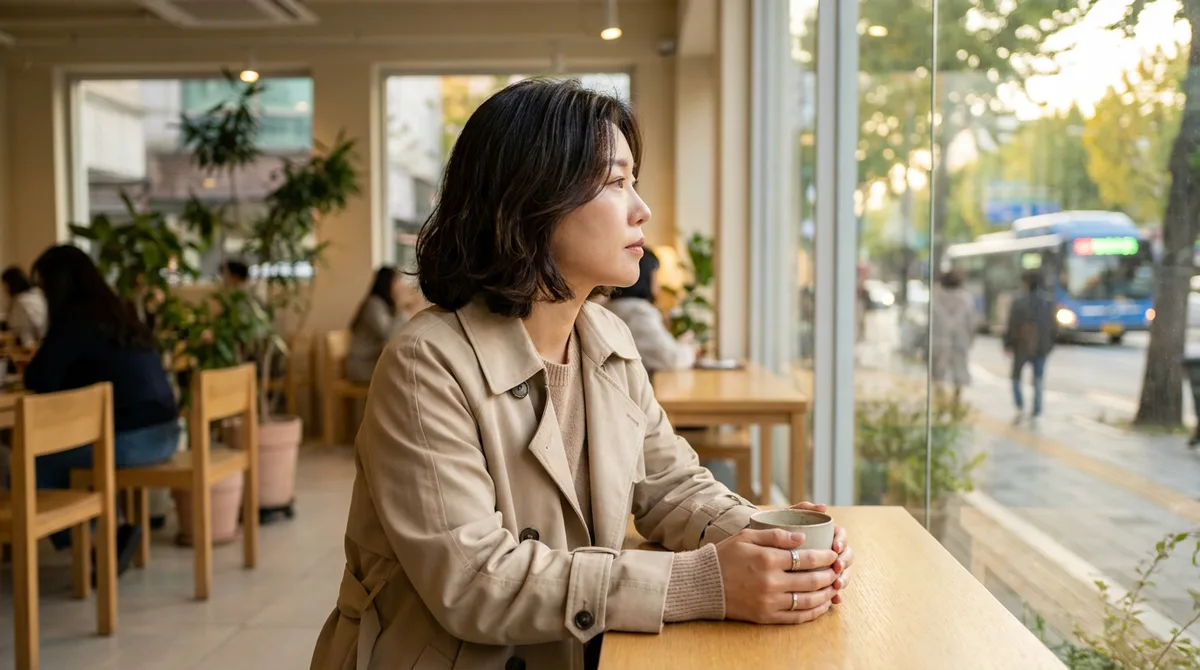 카페 창가에 앉아 생각에 잠긴 여성